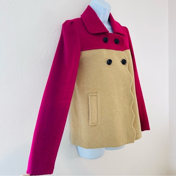 THE CUE by Cher Qu Color Block Pea Coat Size XS 100% Cashmere Wool Magenta Tan - Picture 3 of 12